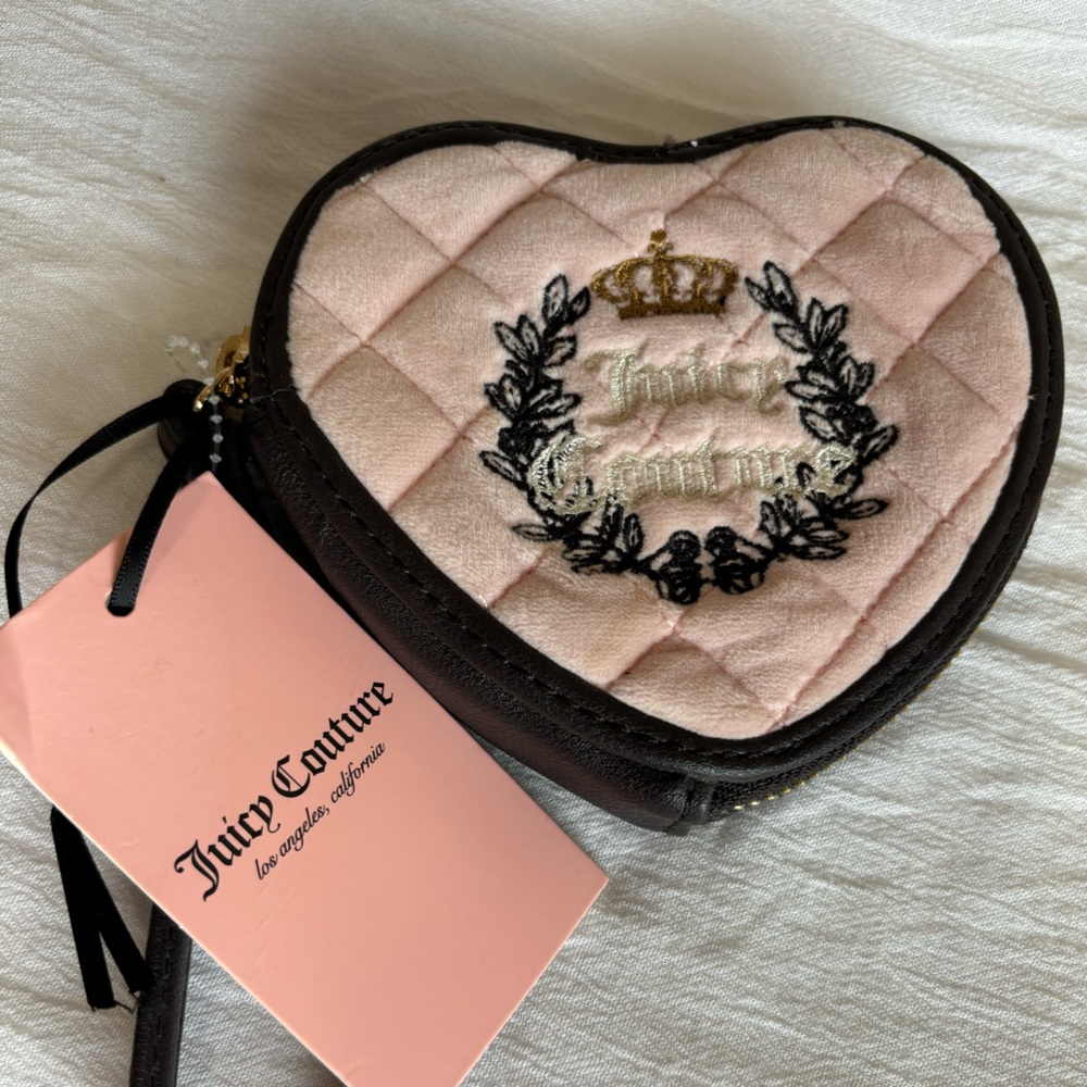 Juicy Couture Velour Pink Brown Quilted Heart Coquette Y2K Feminine Coin Wallet